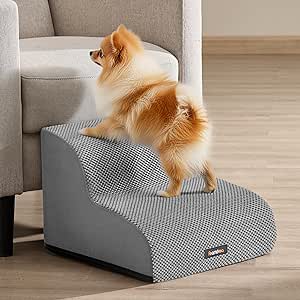 Feandrea Dog Stairs 2 Steps Waffle Cord Pet Stairs Bed Sofa Waterproof Non-Slip Low Tilt Removable Washable Cover Handle Dove Grey PPS012GD01