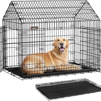 Feandrea Dog Crate, Dog Crate, 120 x 72.5 x 109 cm, Metal Pet Cage, Foldable, XXL, for Large Dogs, with Double Door, Easy to Clean, for Home, Car, Ink Black PPD015B01