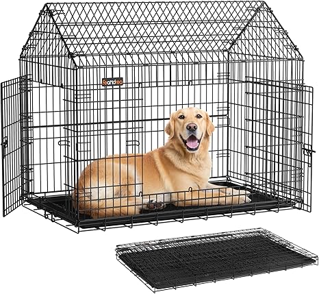 Feandrea Dog Crate, Dog Crate, 120 x 72.5 x 109 cm, Metal Pet Cage, Foldable, XXL, for Large Dogs, with Double Door, Easy to Clean, for Home, Car, Ink Black PPD015B01