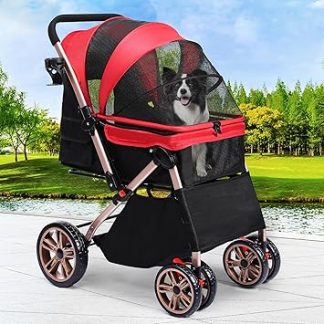 YITAHOME Dog Buggy Foldable for Dogs and Cats, Pet Buggy up to 22 kg with Reversible Handle, Mesh Windows, Drink Holder, 360° Rotating EVA Wheels with Brakes (Red)