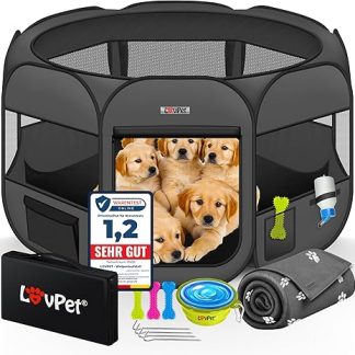 Lovpet® Puppy Playpen, Foldable Playpen for Small Animals Like Dogs, Cats, incl. Dog Bowl, Fleece Blanket, Outdoor Enclosure, Oxford Fabric, Pop-up System, for Indoors and Outdoors, Anthracite/Black