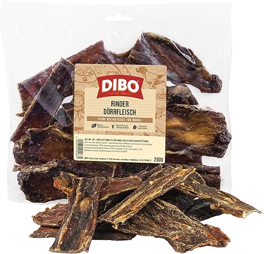 DIBO Beef Jerky, 250 g Bag, Natural Chew Snack or Treats for In Between, Dog Food, Quality Chew Items Without Chemicals DIBO