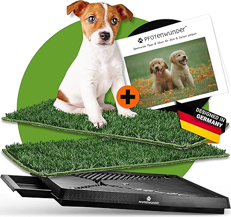 PFOTENWUNDER® Dog Toilet + 2X Easy Wash Lawn + 1x Booklet, Dog Toilet for Small & Large Dogs, 100% Solid Grass, Puppy Toilet Indoor Home Grass Dog Toilets Balcony Indoor Toilet