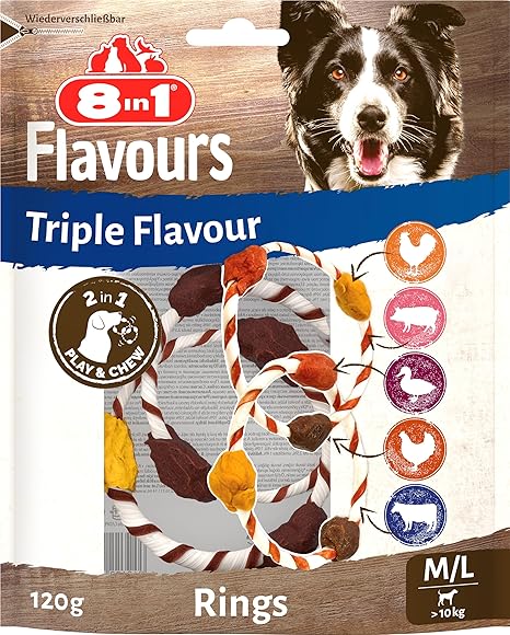 8in1 Triple Flavour Rings M/L Snacks for Dogs - Chew Snacks for Playing and Chewing with Extra Meat, 120 g Bag (2 Double Rings)
