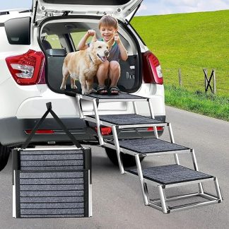 Dog Stairs Car for Large Dogs with Carpet, Extra Wide 4 Steps Dog Ramp Car Foldable, Lightweight Dog Ramp Car Foldable, Non-Slip Dog Stairs for Trucks and SUVs, Support up to 100 kg