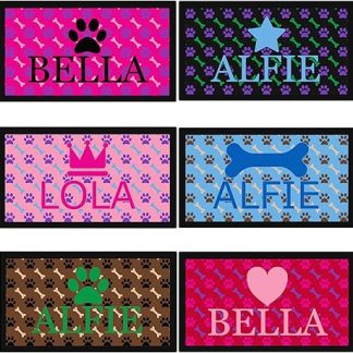 Personalised Dog Bowl Mat Paw and Bone Rubber Backed with Name & Emoji