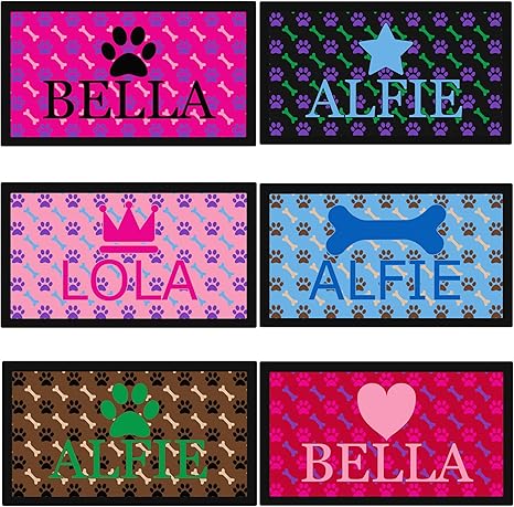 Personalised Dog Bowl Mat Paw and Bone Rubber Backed with Name & Emoji