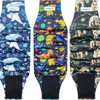 Langsprit Belly Bands for Male Dogs (Pack of 3) - Highly Absorbent Dog Wraps for Male Dogs, Washable - Reusable Male Diapers (Sloth, Whale, Dinosaur, Medium)