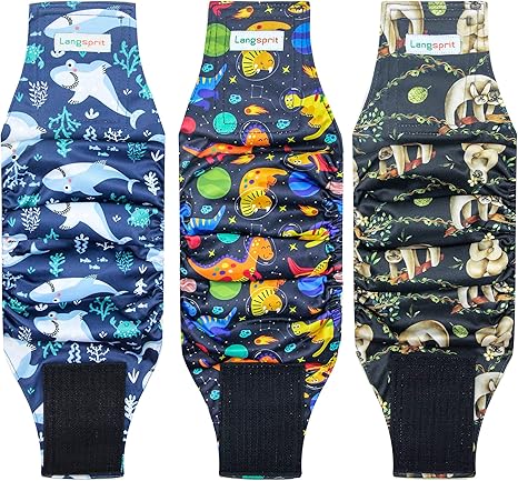 Langsprit Belly Bands for Male Dogs (Pack of 3) - Highly Absorbent Dog Wraps for Male Dogs, Washable - Reusable Male Diapers (Sloth, Whale, Dinosaur, Medium)