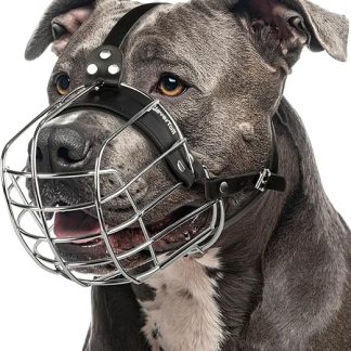 CleverTail Metallmaulkorb für große Pitbulls – Korbmaulkorb mit verstellbaren Lederriemen – Drahtmaulkorb aus Stahl zur Verhinderung von Bissen – Mundschutz für große und mittelgroße Pitbulls