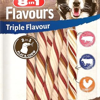 8in1 Triple Flavour Ropes Dog Chew Sticks - Chews for Playing and Chewing with Beef, Pork and Chicken, 65g Bag (Approx 6 Pieces)