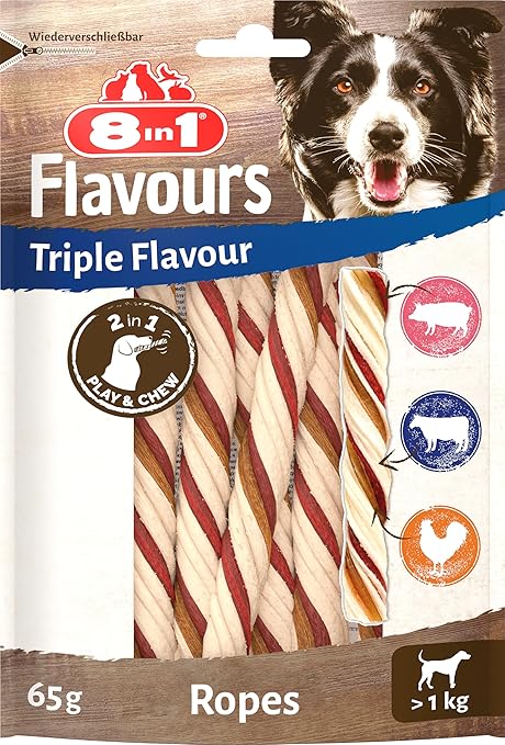 8in1 Triple Flavour Ropes Dog Chew Sticks - Chews for Playing and Chewing with Beef, Pork and Chicken, 65g Bag (Approx 6 Pieces)