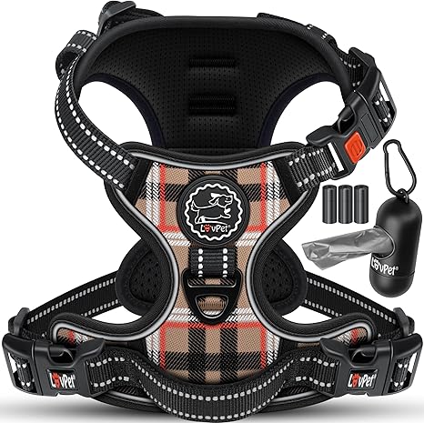 Lovpet® No-Pull & No-Choke Dog Harness for Small Dogs and Puppies, Breathable & Soft Chest Harness, Reflective, incl. Rolls of Bags, Adjustable Harness with Handle, Beige, S
