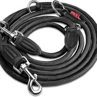 PetPatron® Dog Lead 3 m Adjustable (1.5-3 m) Stylish Nylon Lead with Leather Elements as Shoulder Lead, Double Lead and Dog Lead for Large Dogs with the Tensile Force of 200 kg Black