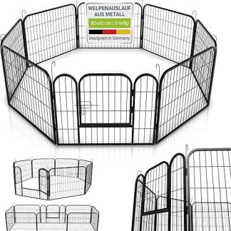 Juskys Puppy Run - Puppy Playpen 8-Piece Metal Outdoor Enclosure with Door - Puppy Grid for Dogs, Rabbits and Small Animals (160 x 160 x 60 cm)