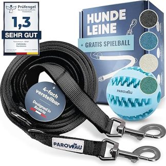 PAROWAU Dog Lead 3 m [4-Way Adjustable] + Dog Toy Ball [Dental Care Dog] Lead Dog Accessories Dog Lead for Large Dogs Dog Toy Intelligence Dog Toy Indestructible (Black)