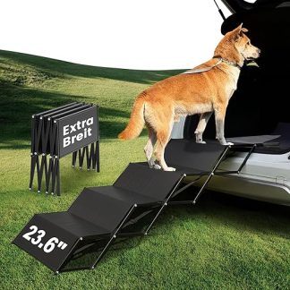 XARILK 60 cm Extra Wide Dog Car Ramp - Portable 5-Step Aluminium Stairs with Non-Slip Surface, Supports up to 110 kg, Extra-Wide Foldable Dog Steps for Cars, SUVs, High Beds and Trucks