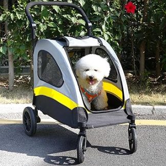 BingoPaw Dog Buggy for Small Dogs: Foldable Dog Trolley for Medium Dogs, Puppies and Cats up to 20 kg, Dog Trolley with 4 Wheels, 3 Mesh Windows, Adjustable Handle