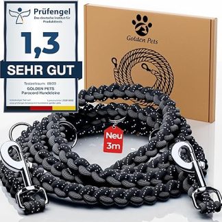 Test note: very good reflective dog lead, 3 m, adjustable, weatherproof and tear-resistant up to 250 kg, paracord lead, shoulder lead, small and large dogs
