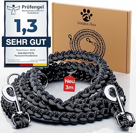Test note: very good reflective dog lead, 3 m, adjustable, weatherproof and tear-resistant up to 250 kg, paracord lead, shoulder lead, small and large dogs