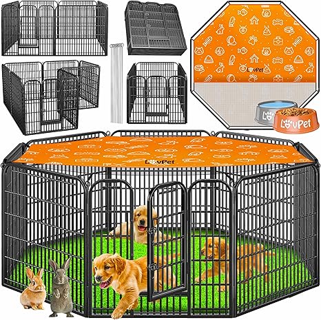 LovPet Puppy Playpen Outdoor Run Puppy Run I Dog Playpen XXL 8 Grids Each 80 x 80 cm I Weatherproof Animal Playpen with Door for Dog Cat Puppy Rabbit Guinea Pig I with Roof and Ground Anchors