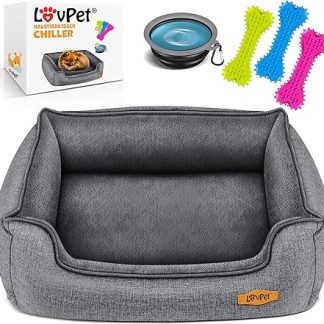 Lovpet® Chiller Dog Bed with Bowl and 3 x Chewing Bones, Dog Sofa Cushion for Small, Medium & Large Dogs, Removable and Washable Cover, XL 110 x 75 x 27 cm, Grey