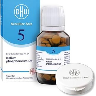DHU Schüßler Соль № 5, калий-фосфорная D6 — минеральная соль нервов и психики — оригинал — экологически чистая, в аптечном стеклянном флаконе, упаковка из 200 таблеток с футляром для таблеток.