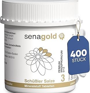 Senagold Schüssler Salts No. 3 - Ferrum Phosphoricum D12 - 400 таблеток - Соль для иммунной системы - Без глютена и алкоголя - Произведено в соответствии с гомеопатической фармакопеей в Германии