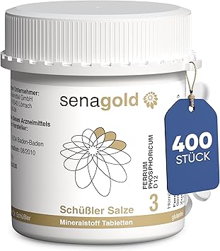 Senagold Schüssler Salts No. 3 - Ferrum Phosphoricum D12 - 400 таблеток - Соль для иммунной системы - Без глютена и алкоголя - Произведено в соответствии с гомеопатической фармакопеей в Германии