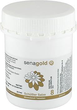 Senagold Schüssler Salt No. 8 - Sodium Chloratum D6 - Соль для поддержания водного баланса - Без глютена и алкоголя - Произведено в соответствии с гомеопатической фармакопеей в Германии - 1000 таблеток